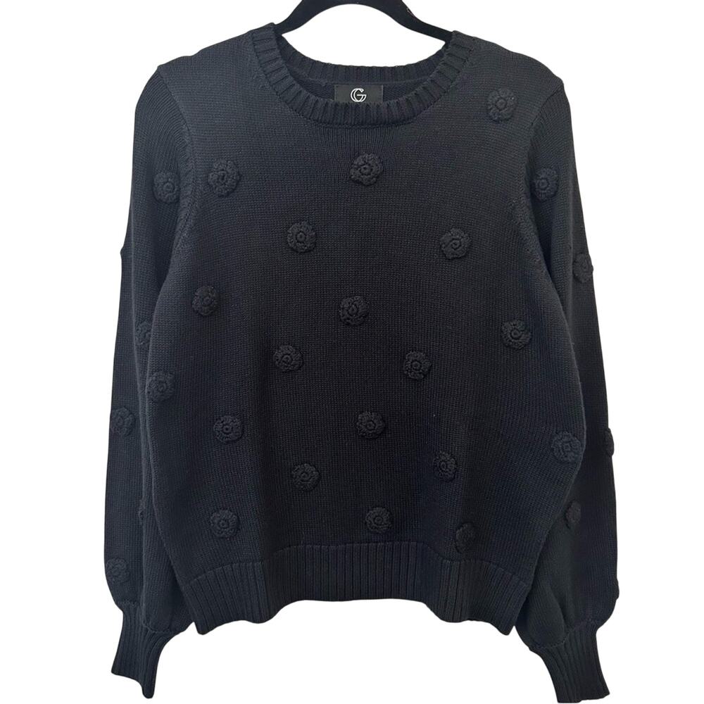 G by Giuliana Black Sweater with Textured Floral Design Medium NWT